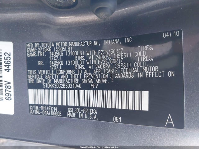 2011 Toyota Sienna Le V6 მანქანა იყიდება აუქციონზე, vin: 5TDKK3DC2BS031940, აუქციონის ნომერი: 45083984