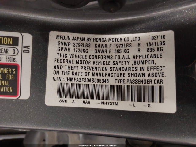 45083985 :رقم المزاد ، JHMFA3F20AS005348 vin ، 2010 Honda Civic Hybrid مزاد بيع