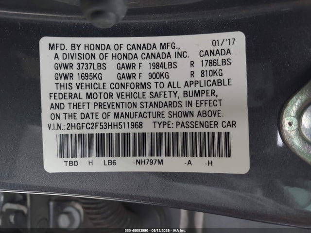 2017 Honda Civic Lx მანქანა იყიდება აუქციონზე, vin: 2HGFC2F53HH511968, აუქციონის ნომერი: 45083990