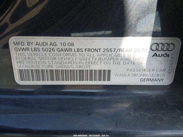 2009 Audi A4 3.2 Premium Plus მანქანა იყიდება აუქციონზე, vin: WAULK78K99N032870, აუქციონის ნომერი: 45083993