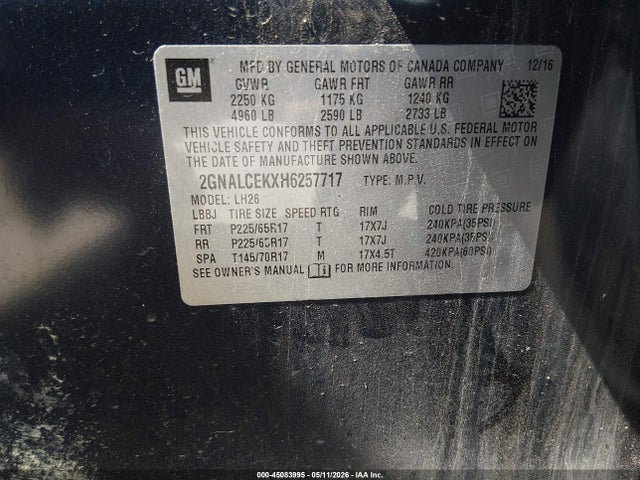 45083995 :رقم المزاد ، 2GNALCEKXH6257717 vin ، 2017 Chevrolet Equinox Lt مزاد بيع