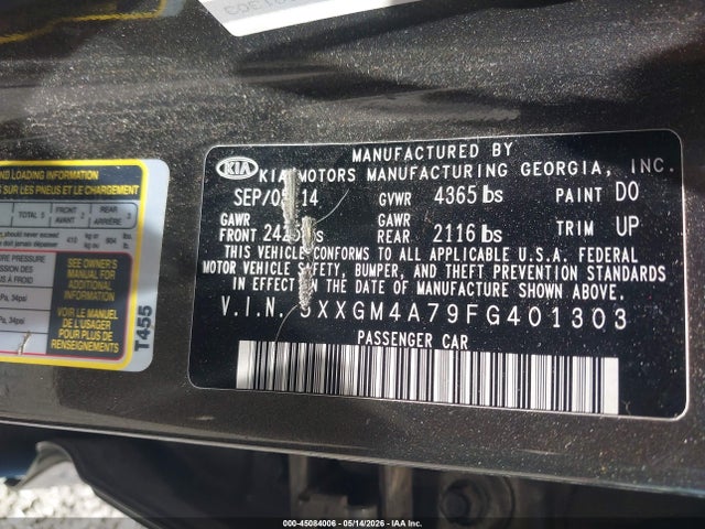 Aukcja sprzedaży 2015 Kia Optima Lx, vin: 5XXGM4A79FG401303, numer aukcji: 45084006