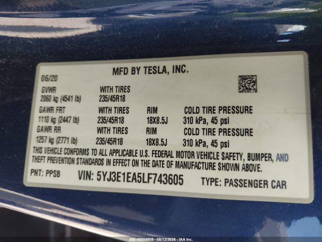 Продаж на аукціоні авто 2020 Tesla Model 3 Standard Range Plus Rear-wheel Drive/standard Range Rear-wheel Drive, vin: 5YJ3E1EA5LF743605, номер лоту: 45084009