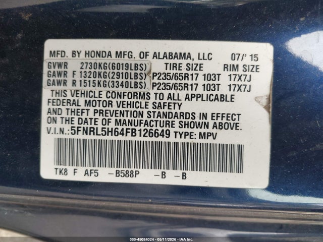 Aukcja sprzedaży 2015 Honda Odyssey Ex-l, vin: 5FNRL5H64FB126649, numer aukcji: 45084024