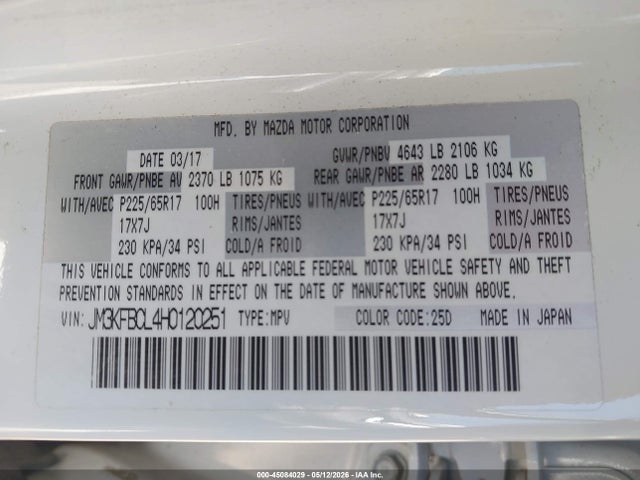 45084029 :رقم المزاد ، JM3KFBCL4H0120251 vin ، 2017 Mazda Cx-5 Touring مزاد بيع