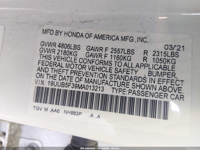 45084032 :رقم المزاد ، 19UUB5F39MA013213 vin ، 2021 Acura Tlx Standard مزاد بيع