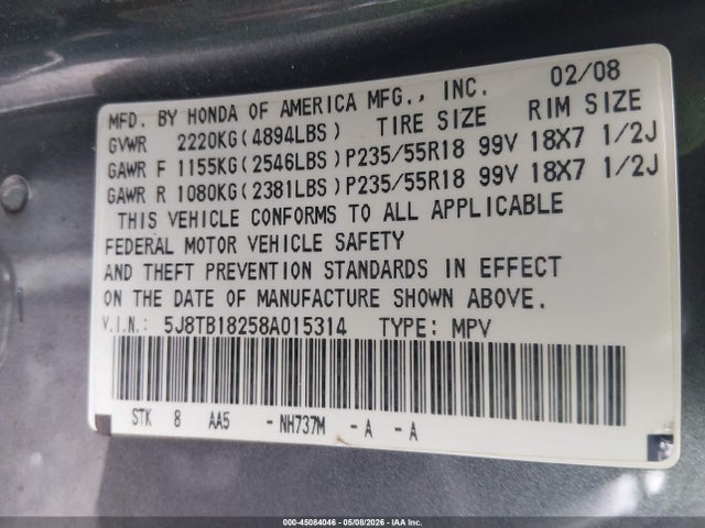 Aukcja sprzedaży 2008 Acura Rdx, vin: 5J8TB18258A015314, numer aukcji: 45084046