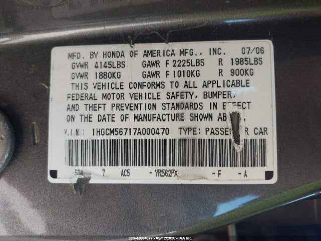 45084077 :رقم المزاد ، 1HGCM56717A000470 vin ، 2007 Honda Accord 2.4 Ex مزاد بيع