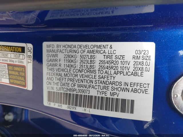 45084080 :رقم المزاد ، 5J8TC2H89PL009073 vin ، 2023 Acura Rdx A-spec Advance Package مزاد بيع