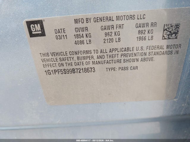 2011 Chevrolet Cruze 1lt მანქანა იყიდება აუქციონზე, vin: 1G1PF5S99B7218673, აუქციონის ნომერი: 45084117