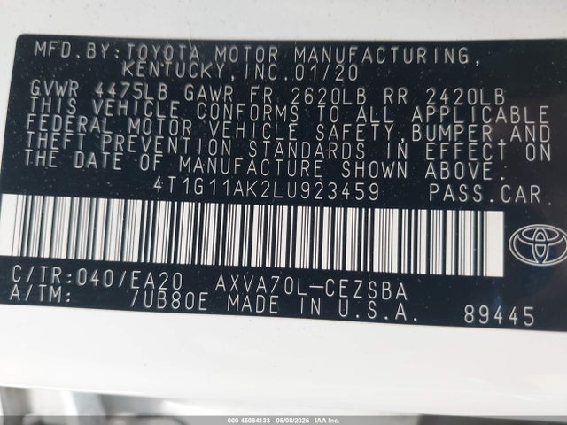Продаж на аукціоні авто 2020 Toyota Camry Se, vin: 4T1G11AK2LU923459, номер лоту: 45084133