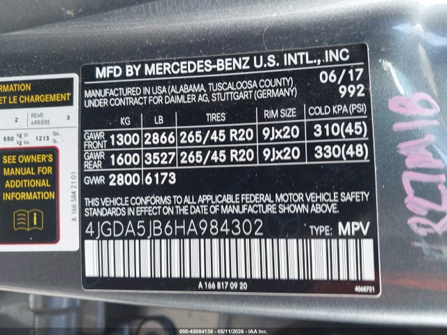 Aukcja sprzedaży 2017 Mercedes-benz Gle 350, vin: 4JGDA5JB6HA984302, numer aukcji: 45084138