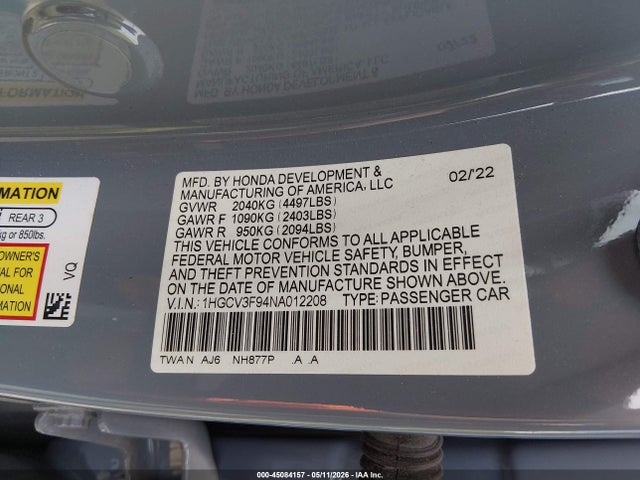 45084157 :رقم المزاد ، 1HGCV3F94NA012208 vin ، 2022 Honda Accord Hybrid Touring مزاد بيع