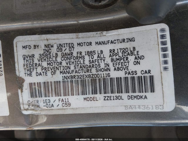 45084170 :رقم المزاد ، 1NXBR32EX8Z001116 vin ، 2008 Toyota Corolla Ce مزاد بيع