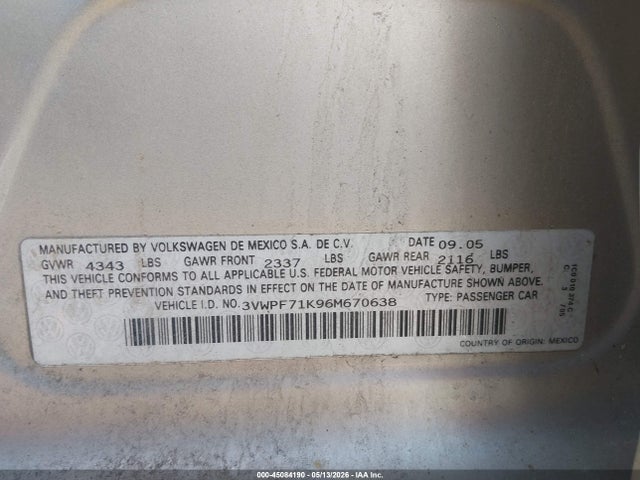 Продаж на аукціоні авто 2006 Volkswagen Jetta Value Edition, vin: 3VWPF71K96M670638, номер лоту: 45084190