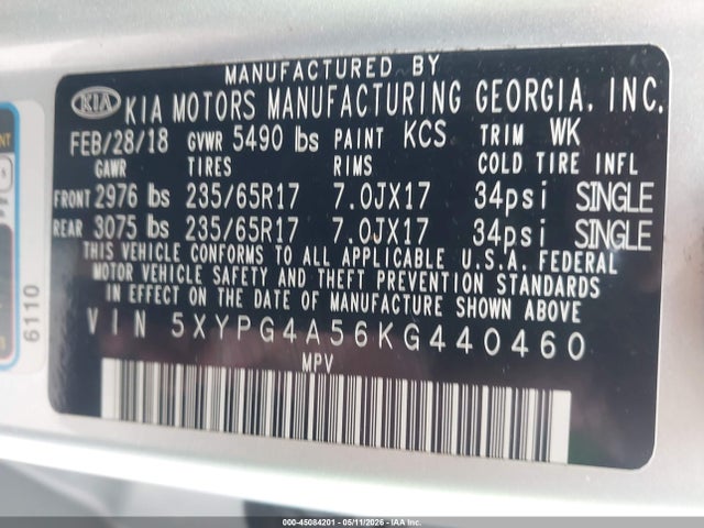 Aukcja sprzedaży 2019 Kia Sorento 3.3l Lx, vin: 5XYPG4A56KG440460, numer aukcji: 45084201