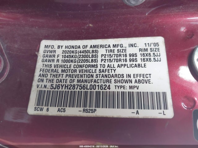 2006 Honda Element Ex-p მანქანა იყიდება აუქციონზე, vin: 5J6YH28756L001624, აუქციონის ნომერი: 45084216