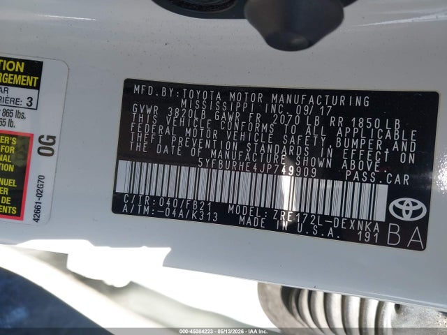 Toyota COROLLA LE 2018 5YFBURHE4JP749909 Image 9