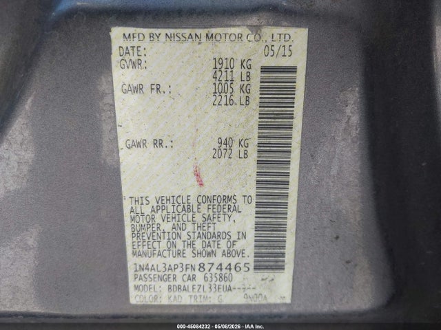 45084232 :رقم المزاد ، 1N4AL3AP3FN874465 vin ، 2015 Nissan Altima 2.5/2.5 S/2.5 Sl/2.5 Sv مزاد بيع