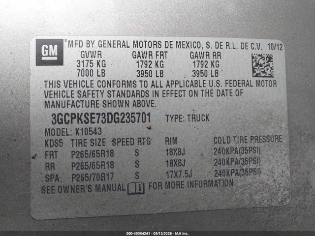 Продажа на аукционе авто 2013 Chevrolet Silverado 1500 Lt, vin: 3GCPKSE73DG235701, номер лота: 45084241