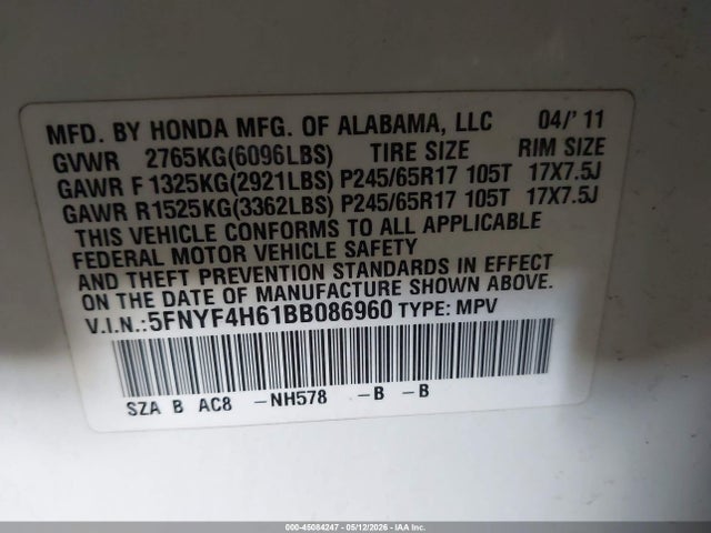 Продажа на аукционе авто 2011 Honda Pilot Ex-l, vin: 5FNYF4H61BB086960, номер лота: 45084247