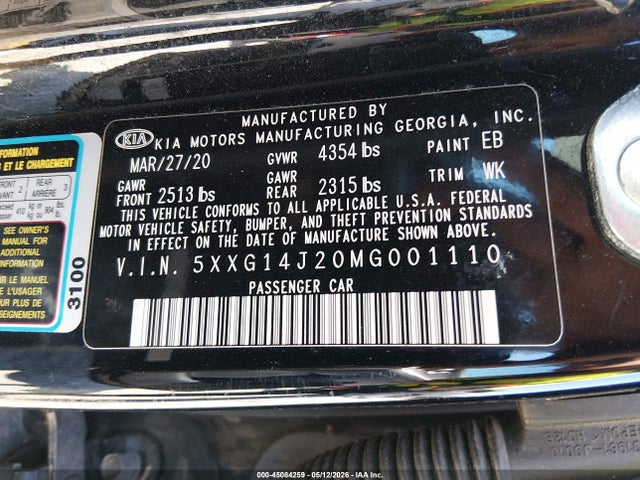 2021 Kia K5 Lxs მანქანა იყიდება აუქციონზე, vin: 5XXG14J20MG001110, აუქციონის ნომერი: 45084259