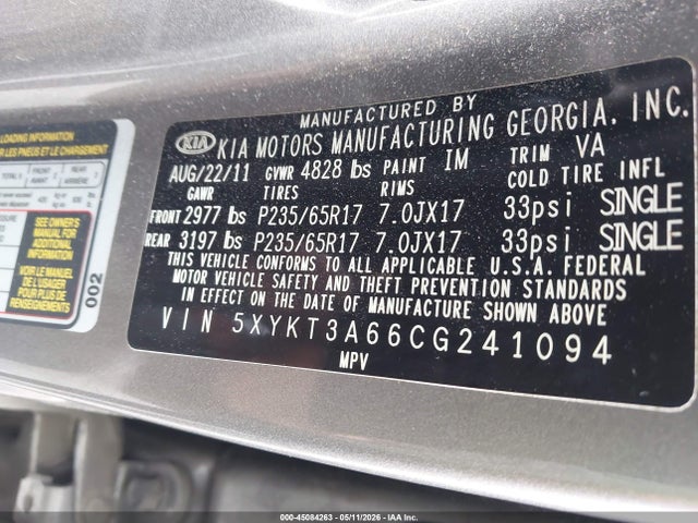 Продажа на аукционе авто 2012 Kia Sorento Lx, vin: 5XYKT3A66CG241094, номер лота: 45084263