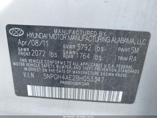 Aukcja sprzedaży 2011 Hyundai Elantra Gls, vin: 5NPDH4AE2BH053347, numer aukcji: 45084267