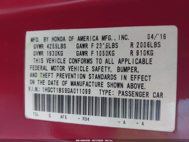 2016 Honda Accord Ex მანქანა იყიდება აუქციონზე, vin: 1HGCT1B59GA011099, აუქციონის ნომერი: 45084299