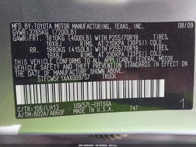 Продажа на аукционе авто 2010 Toyota Tundra Grade 5.7l V8, vin: 5TFCW5F1XAX009757, номер лота: 45084329