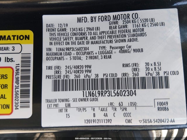 Продаж на аукціоні авто 2020 Lincoln Continental Reserve, vin: 1LN6L9RP3L5602304, номер лоту: 45084330