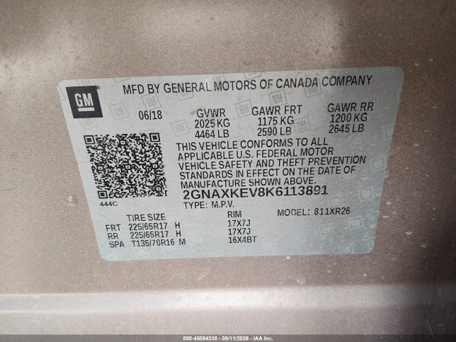 45084338 :رقم المزاد ، 2GNAXKEV8K6113891 vin ، 2019 Chevrolet Equinox Lt مزاد بيع