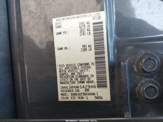 2010 Nissan Altima 2.5 S მანქანა იყიდება აუქციონზე, vin: 1N4AL2APXAN542946, აუქციონის ნომერი: 45084341