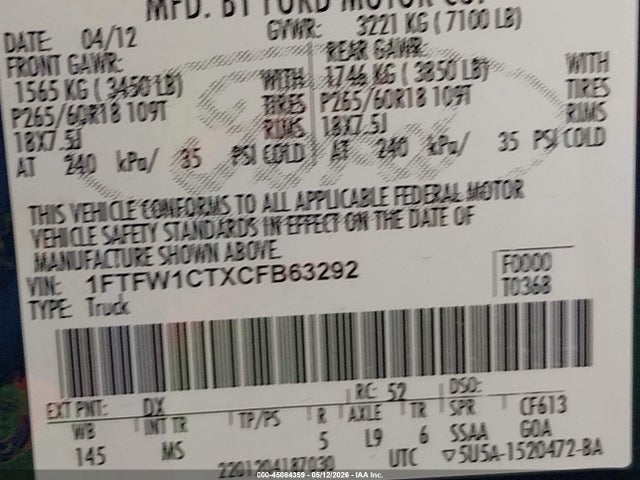 45084359 :رقم المزاد ، 1FTFW1CTXCFB63292 vin ، 2012 Ford F-150 Xlt مزاد بيع
