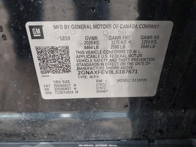 45084363 :رقم المزاد ، 2GNAXFEV0L6187671 vin ، 2020 Chevrolet Equinox Fwd 1fl مزاد بيع
