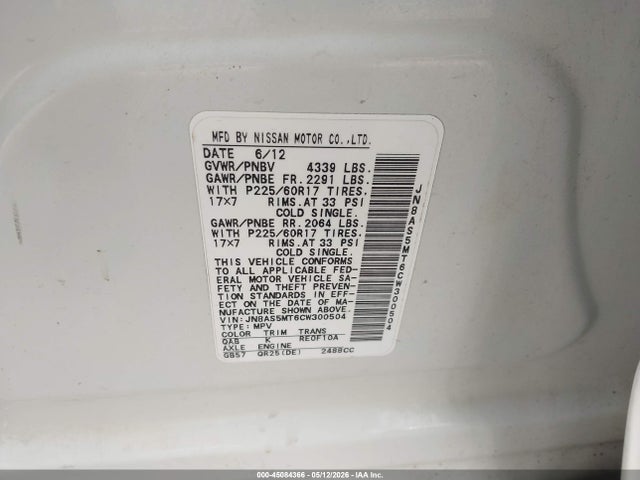 Aukcja sprzedaży 2012 Nissan Rogue Sv, vin: JN8AS5MT6CW300504, numer aukcji: 45084366
