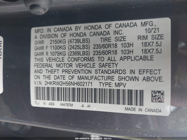 45084370 :رقم المزاد ، 2HKRW2H56NH602171 vin ، 2022 Honda Cr-v Awd Ex مزاد بيع
