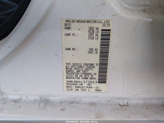 Aukcja sprzedaży 2020 Nissan Altima S Fwd, vin: 1N4BL4BVXLC172013, numer aukcji: 45084380