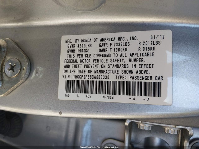 Aukcja sprzedaży 2012 Honda Accord 2.4 Se, vin: 1HGCP2F68CA088330, numer aukcji: 45084392