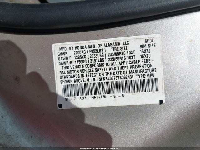 2007 Honda Odyssey Ex-l მანქანა იყიდება აუქციონზე, vin: 5FNRL38757B092431, აუქციონის ნომერი: 45084393