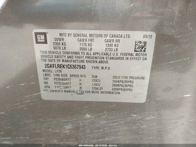 45084406 :رقم المزاد ، 2GKFLREK1C6367943 vin ، 2012 Gmc Terrain Sle-1 مزاد بيع