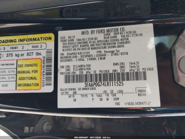 Aukcja sprzedaży 2020 Ford Fusion S, vin: 3FA6P0G74LR111525, numer aukcji: 45084407