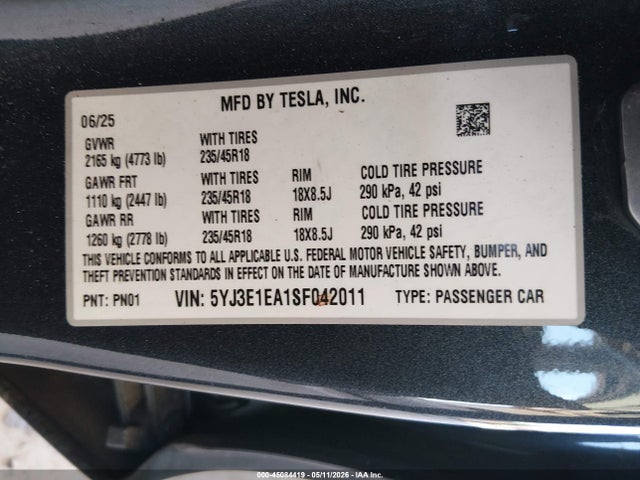 Продажа на аукционе авто 2025 Tesla Model 3 Long Range Rear-wheel Drive/standard Rear-wheel Drive, vin: 5YJ3E1EA1SF042011, номер лота: 45084419