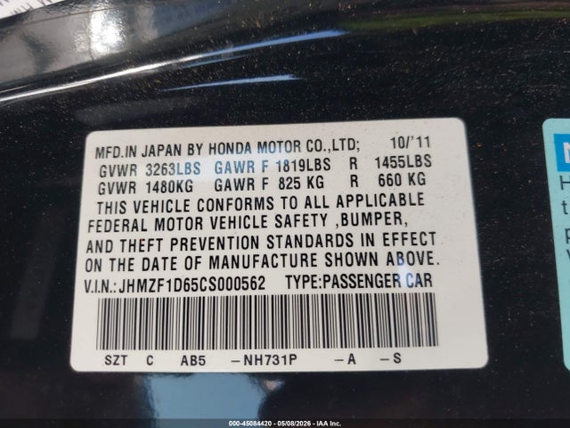 Продаж на аукціоні авто 2012 Honda Cr-z Ex, vin: JHMZF1D65CS000562, номер лоту: 45084420