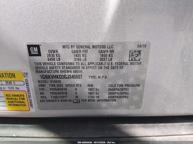 2016 Chevrolet Traverse 2lt მანქანა იყიდება აუქციონზე, vin: 1GNKVHKD3GJ346807, აუქციონის ნომერი: 45084426