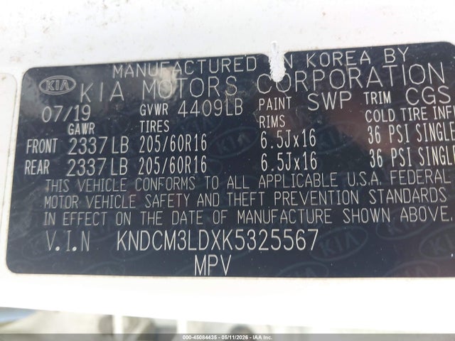 45084435 :رقم المزاد ، KNDCM3LDXK5325567 vin ، 2019 Kia Niro Plug-in Hybrid Lx مزاد بيع