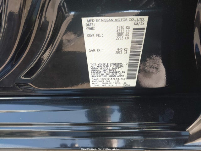 2015 Nissan Altima 2.5 S მანქანა იყიდება აუქციონზე, vin: 1N4AL3AP2FC494643, აუქციონის ნომერი: 45084440