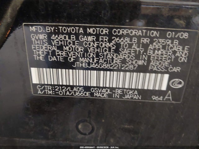 Aukcja sprzedaży 2008 Lexus Es 350, vin: JTHBJ46G882212287, numer aukcji: 45084441