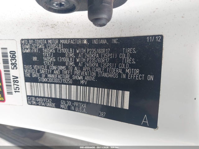 Продажа на аукционе авто 2013 Toyota Sienna Le V6 8 Passenger, vin: 5TDKK3DC0DS319250, номер лота: 45084456