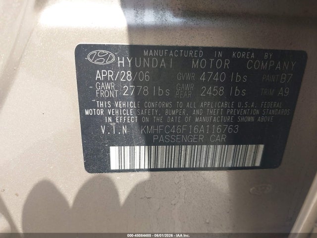 Продажа на аукционе авто 2006 Hyundai Azera Limited/se, vin: KMHFC46F16A116763, номер лота: 45084485